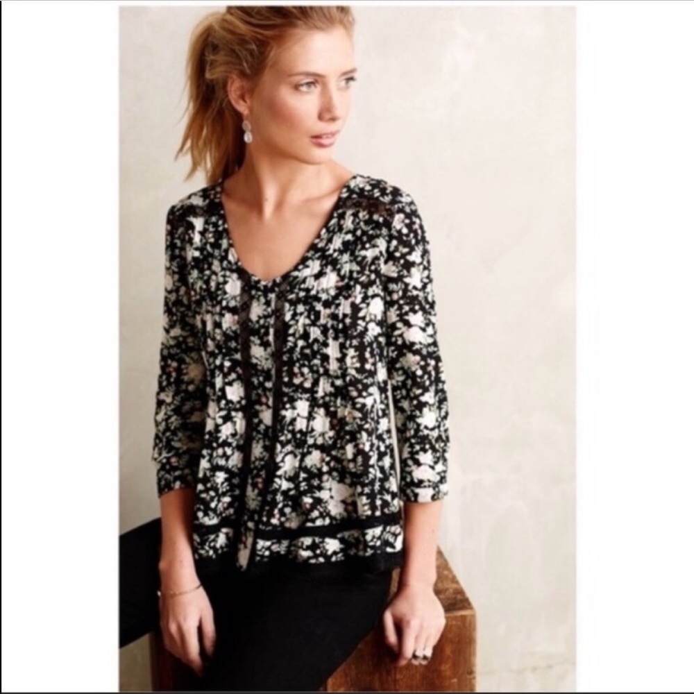 Anthropologie Black and White Floral Button-Front Blouse